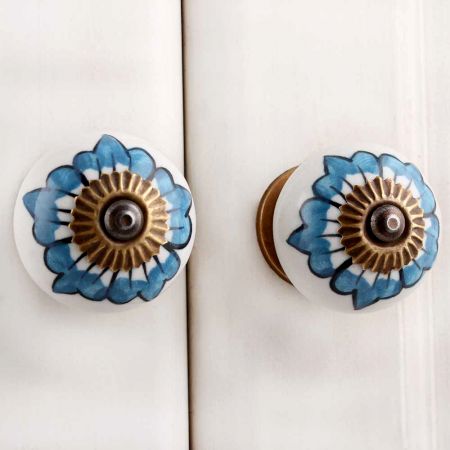 White Turquoise Floral Painted Knob